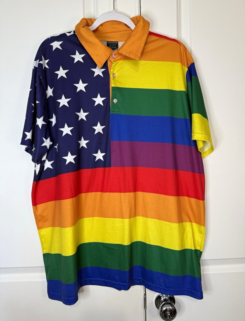 LINOCOUTON Men’s XL multicolor rainbow stars stretch collared Flag Pride Day